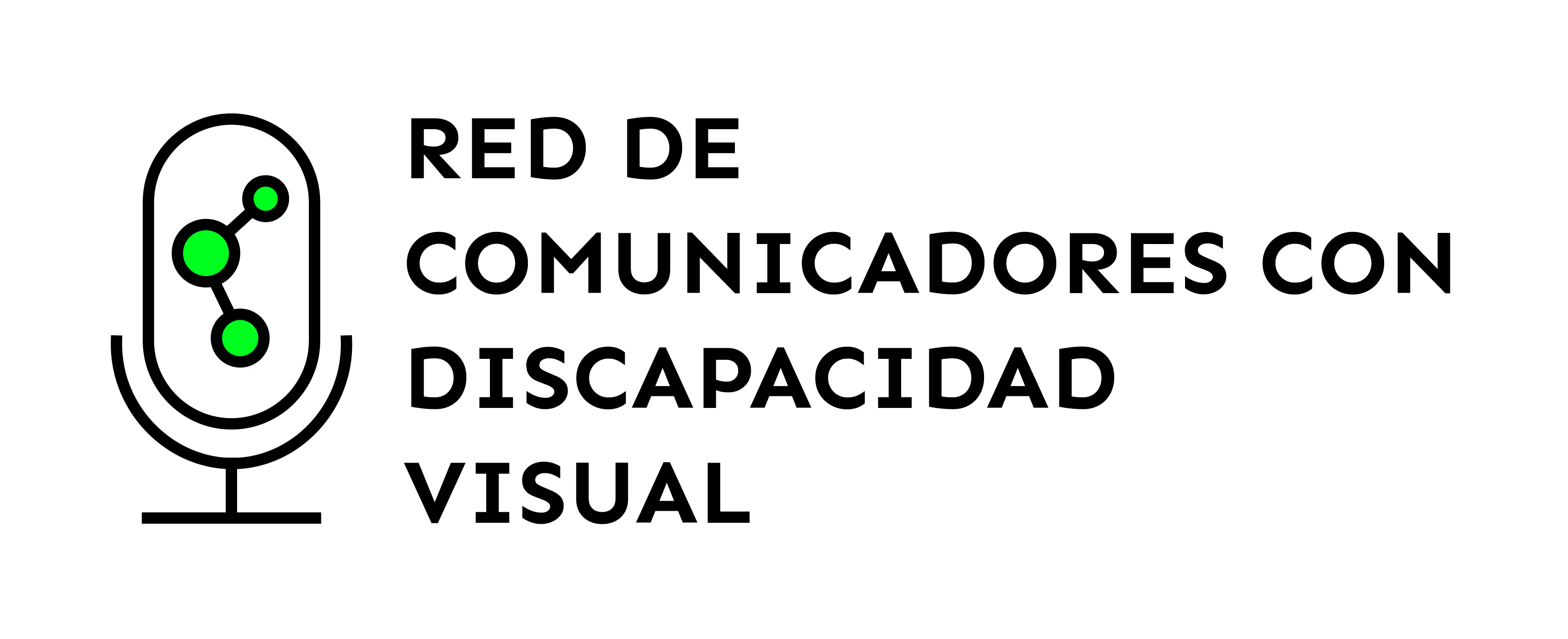 Logo que contiene el nombre de la red y un micrófono dividido en dos partes, blanco que alude al bastón utilizado por las personas ciegas y verde, a las personas con baja visión.